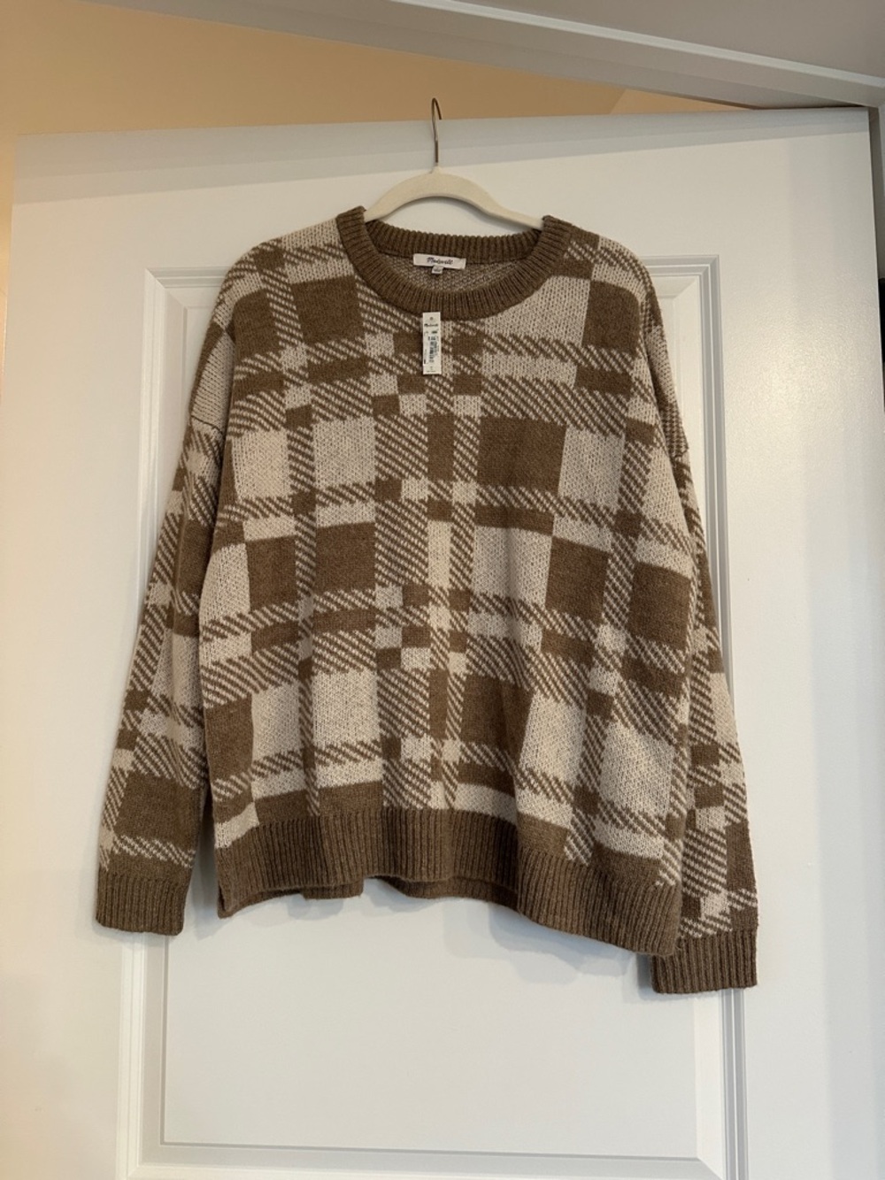 Madewell Brown and Cream Plaid Crewneck Sweater